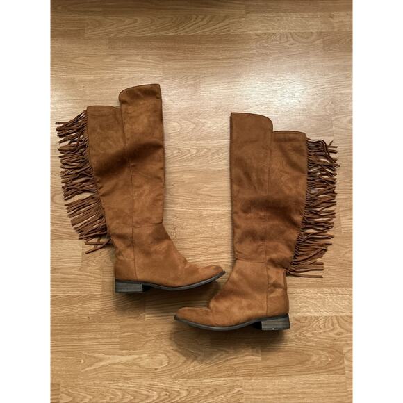 American Eagle Fringe Over the Knee Boots Faux Suede Hard Sole Natural 7 Cowboy - Picture 1 of 11